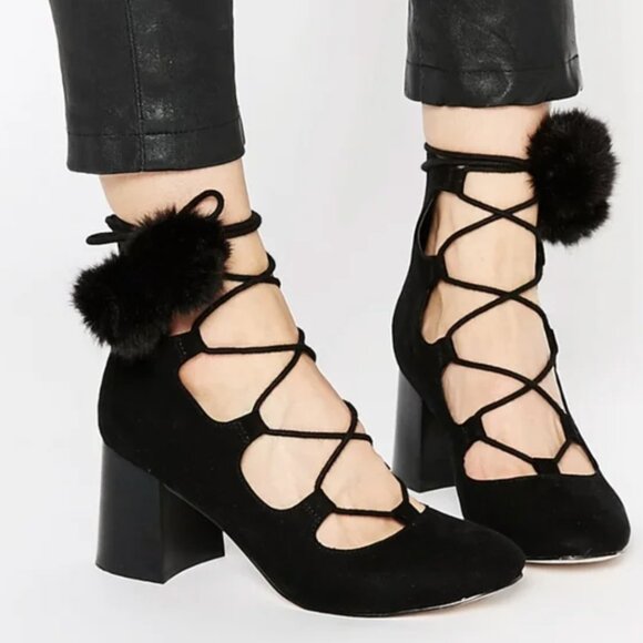 Asos Black Lace Up Chunky Heel Closed Toe Pom Pom Shoes - Picture 1 of 4